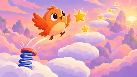 Cloud Hopper cover art: An orange bird springs off a coil on a cloud toward golden stars in a pink and lavender sunrise sky.