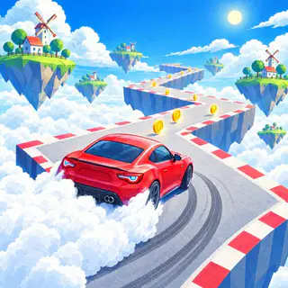 Drift Circuit cover art: A red sports car drifts in white smoke round a kerbed hairpin of a winding road floating above the clouds among sunny islands.