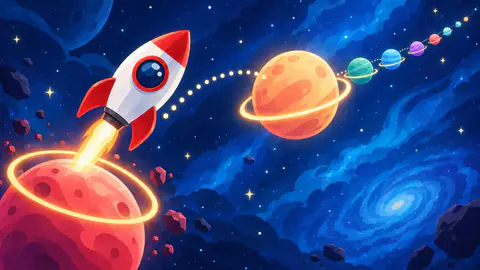 Orbit Hop cover art: A red-and-white rocket launches off its orbit round a coral planet toward a ringed peach planet in a blue nebula.