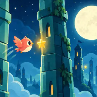 Sky Flap cover art: A coral bird flies between tall teal stone castle towers toward a gold star under a full moon.