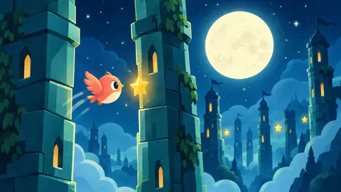 Sky Flap cover art: A coral bird flies between tall teal stone castle towers toward a gold star under a full moon.