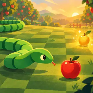 Snake Rush cover art: A green snake winds across a checkerboard lawn toward a red apple and a golden apple in an orchard at sunset.