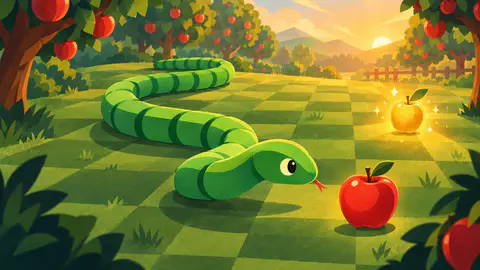 Snake Rush cover art: A green snake winds across a checkerboard lawn toward a red apple and a golden apple in an orchard at sunset.
