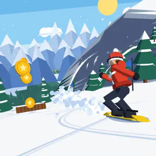 Snow Rush cover art: A snowboarder in a red jacket carves down a steep run toward a valley far below, between pines and blue peaks.
