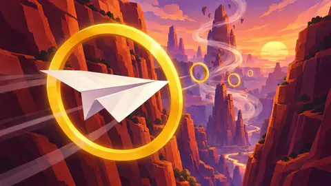Tilt Glide cover art: A white paper plane flies through a glowing gold ring between sandstone canyon walls at sunset.